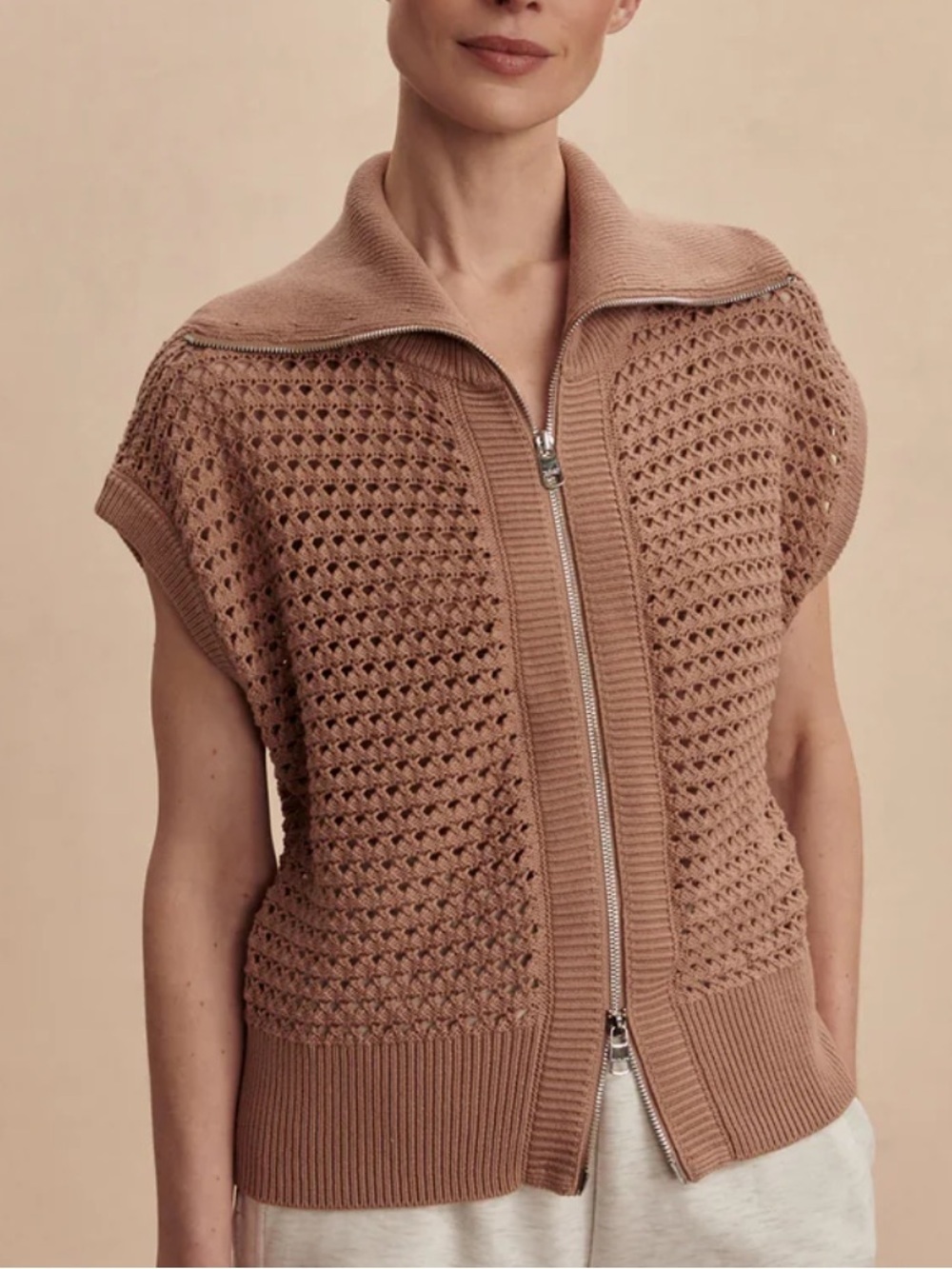 Varley Liliana Sleeveless Zip-Through Knit Gilet Vest Chanterelle Brown Small